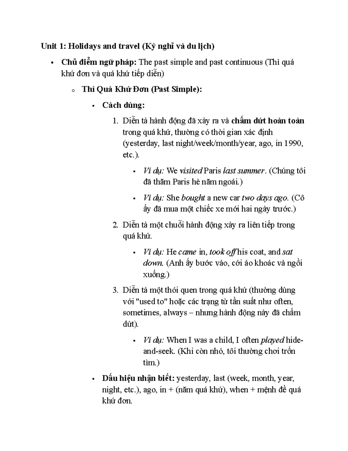 Unit 1: Holidays and Travel - Past Simple & Continuous Grammar Notes ...