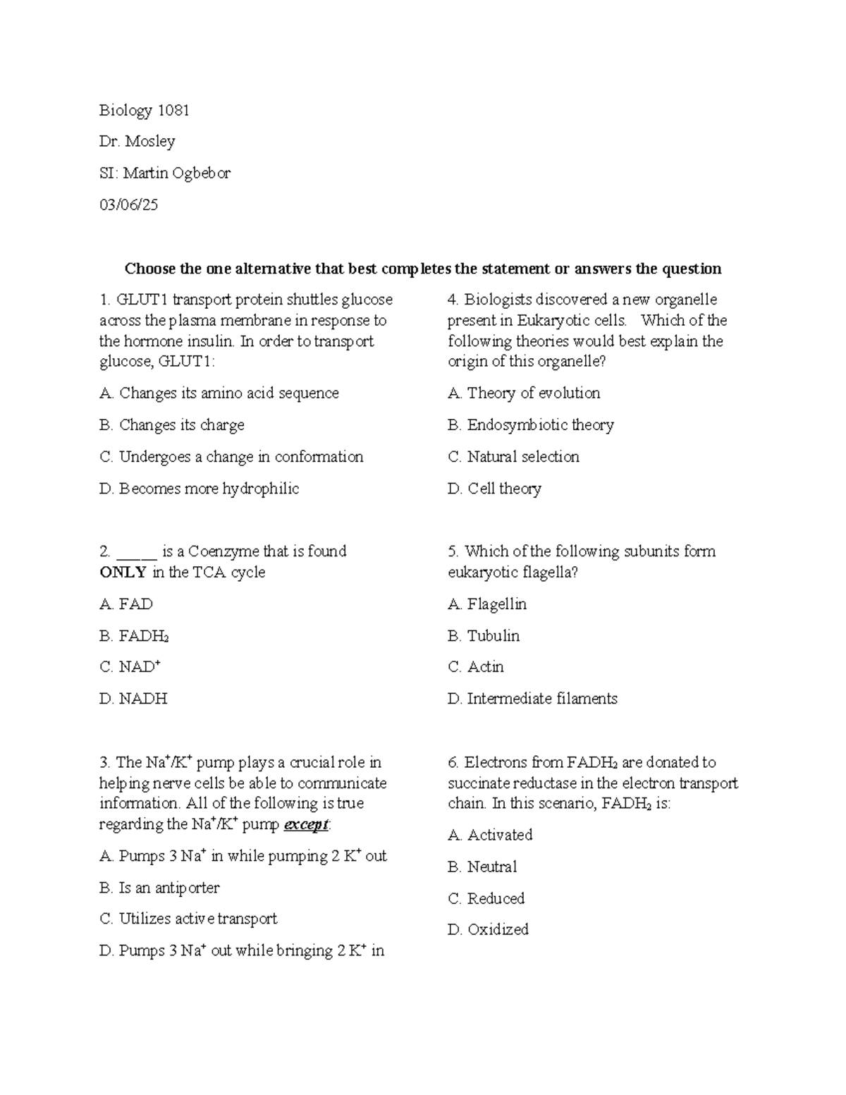 Biology 1081 mock exam 2 study guide - Studocu