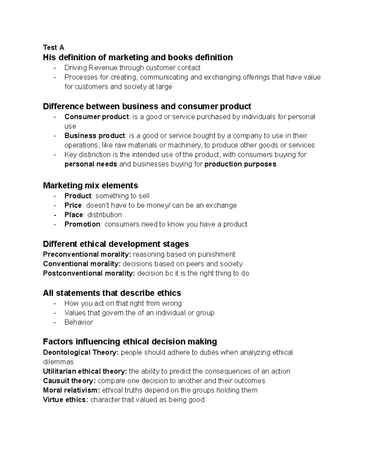 Marketing Test Study Guide: Key Concepts for MKGT101 Test 1 - Studocu