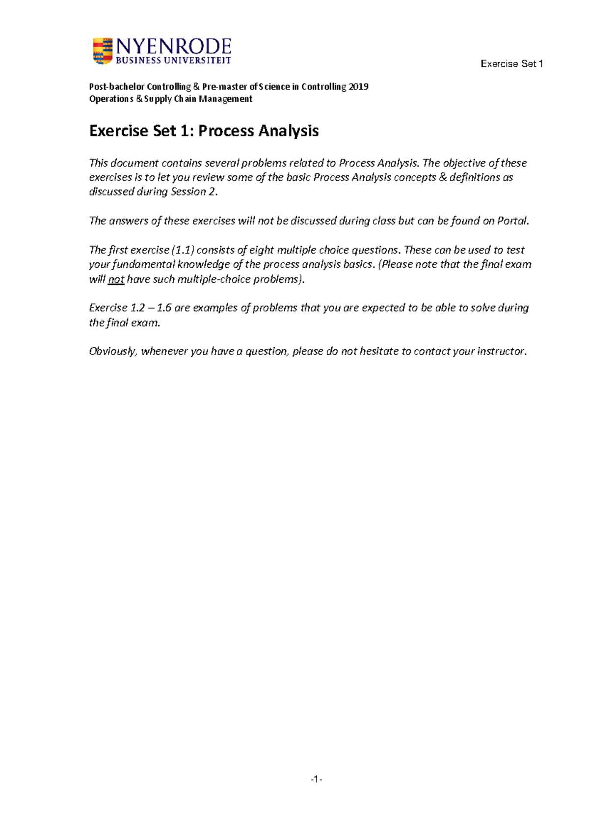 Exercise Set 1: Process Analysis (OSCM PBC - MSc Controlling 2019 ...