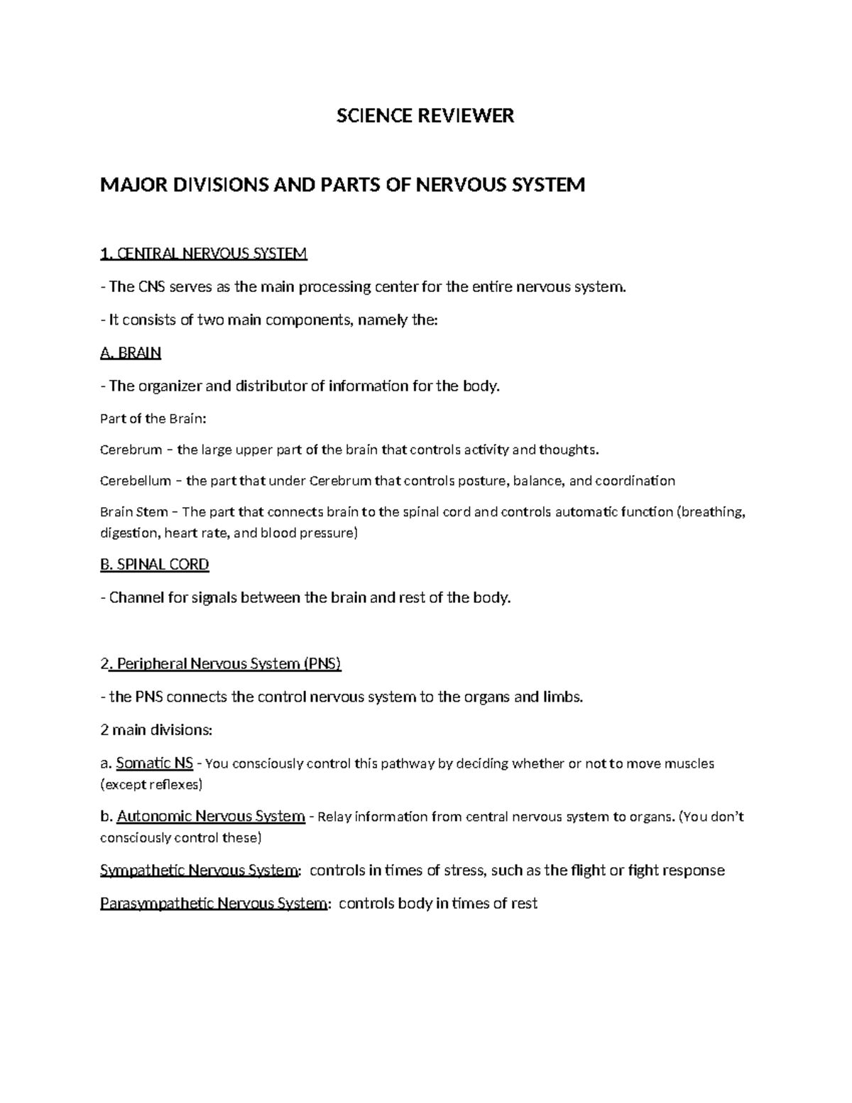 Science- Reviewer - nervous system - SCIENCE REVIEWER MAJOR DIVISIONS ...