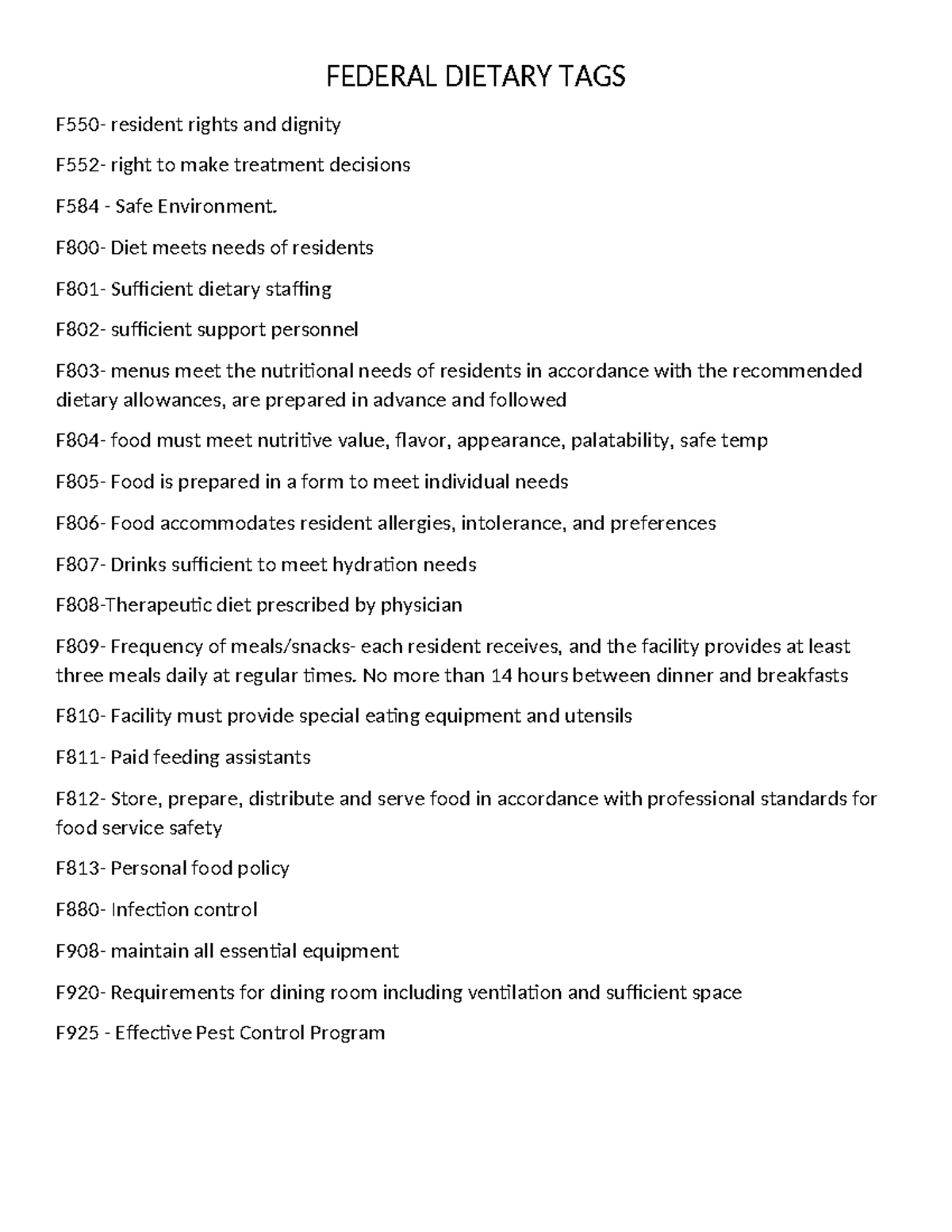 Dietary TAGS LIST 2024 - FEDERAL DIETARY TAGS F550- resident rights and ...