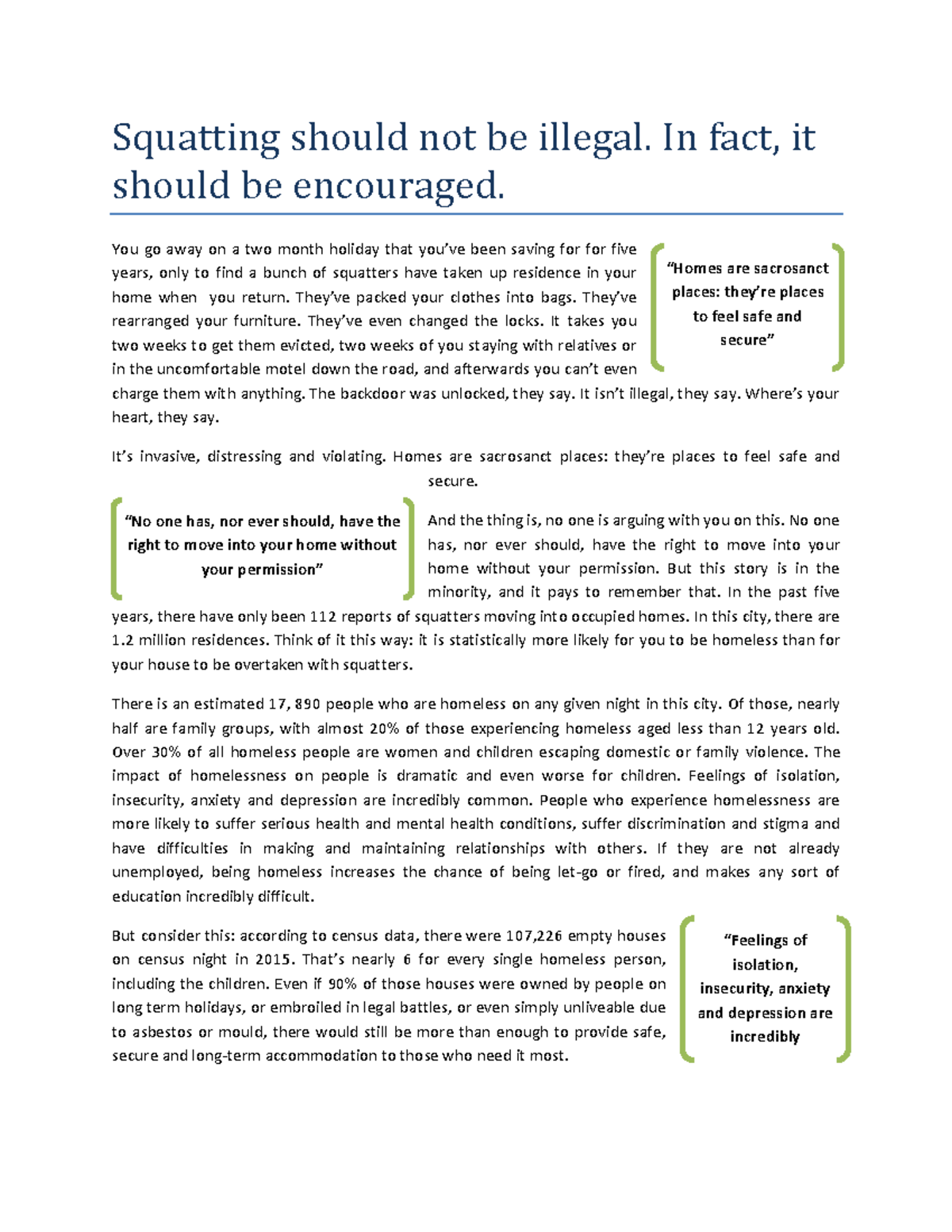Squatting Should Be Encouraged: A Case for Housing Rights - Studocu
