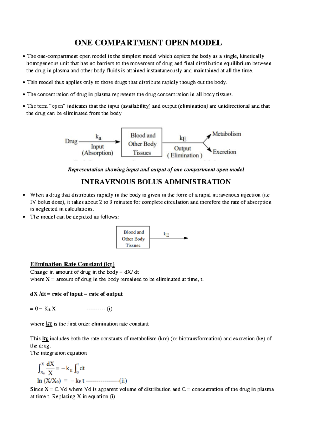 ONE Compartment Open Model and IV Bolus Analysis for Pharmacokinetics ...