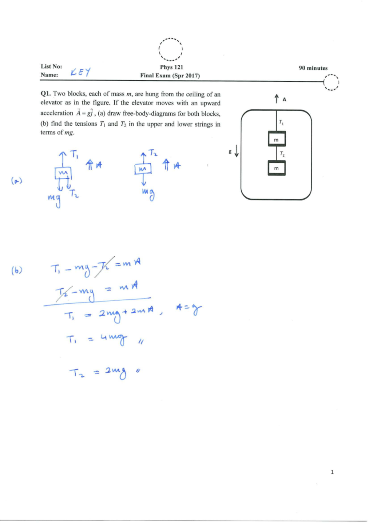 Phys 121 Key Final Exam Solutions (Spring 2017) - Studocu