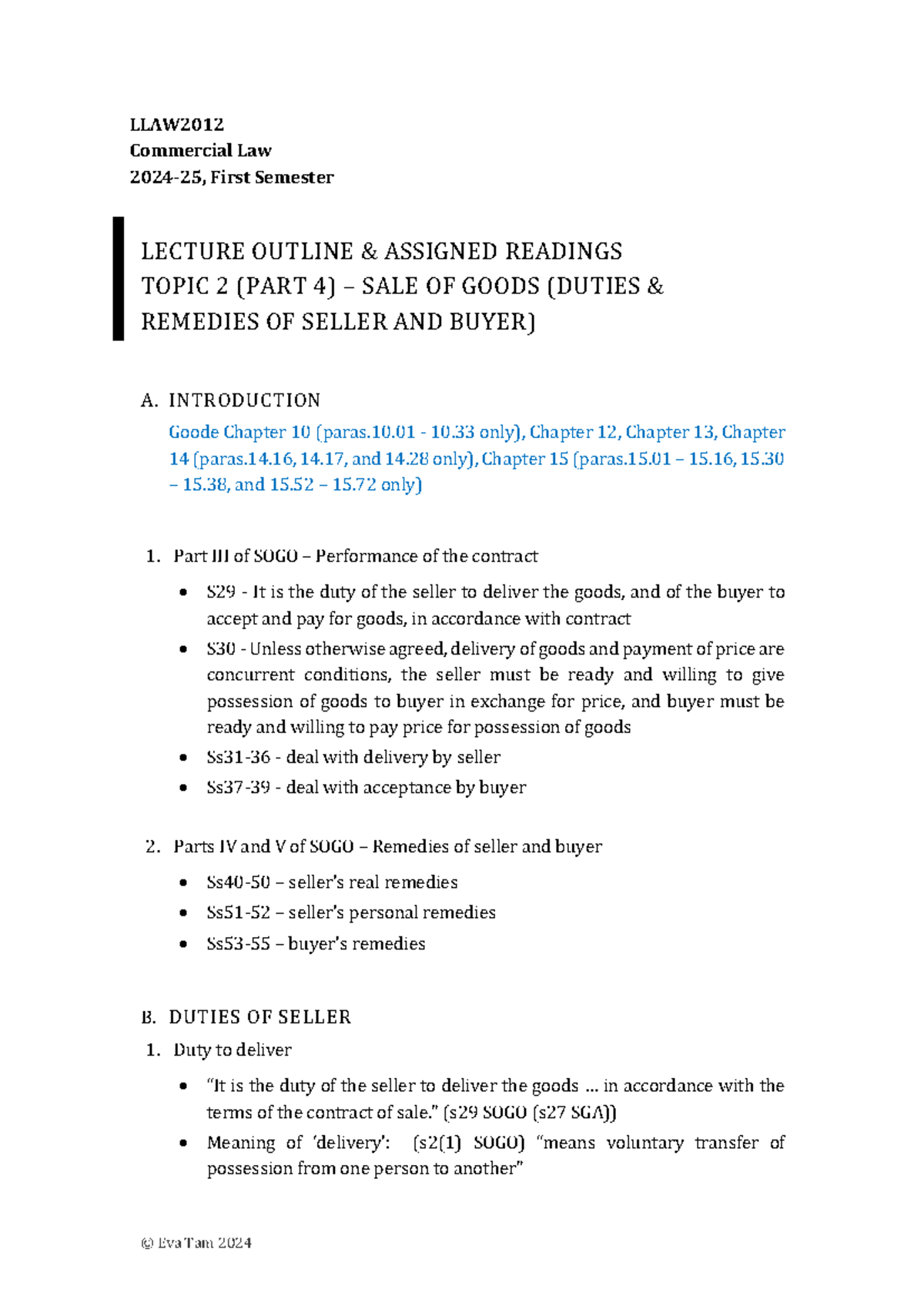 LLAW 2024-25: Duties and Remedies in Sale of Goods - Lecture Notes ...