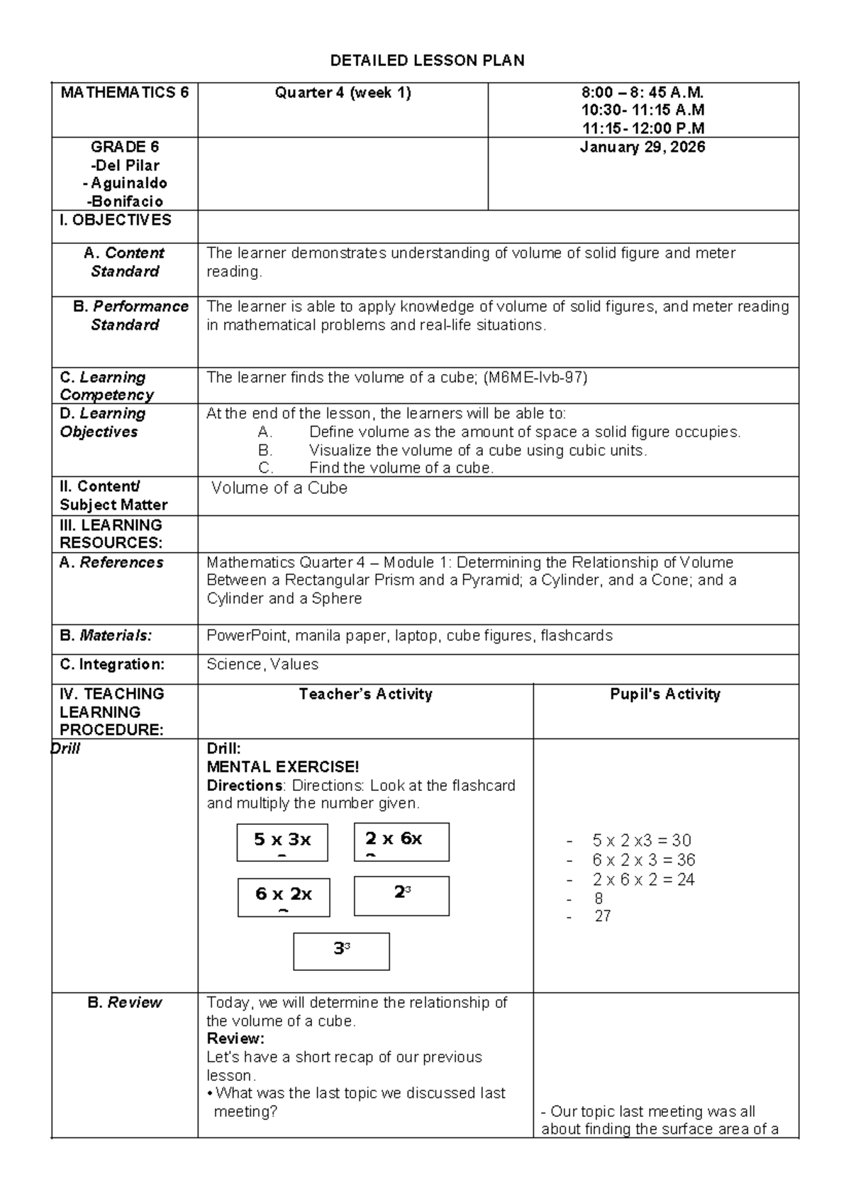 Mathematics 6 Lesson Plan: Volume of a Cube (Quarter 4) - Studocu