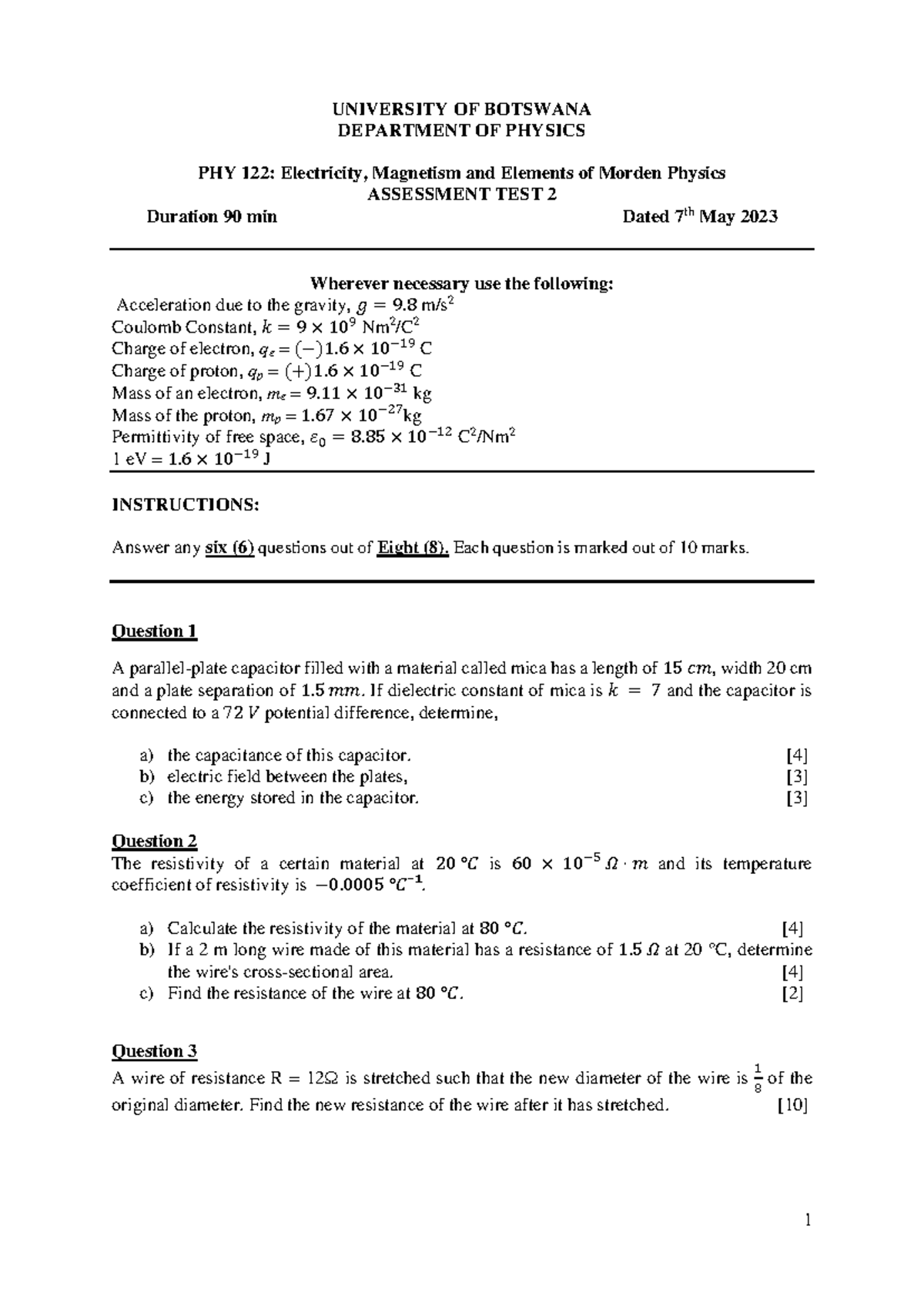 PHY 122 TEST 2 2023 - Electricity and Magnetism Assessment Guide - Studocu