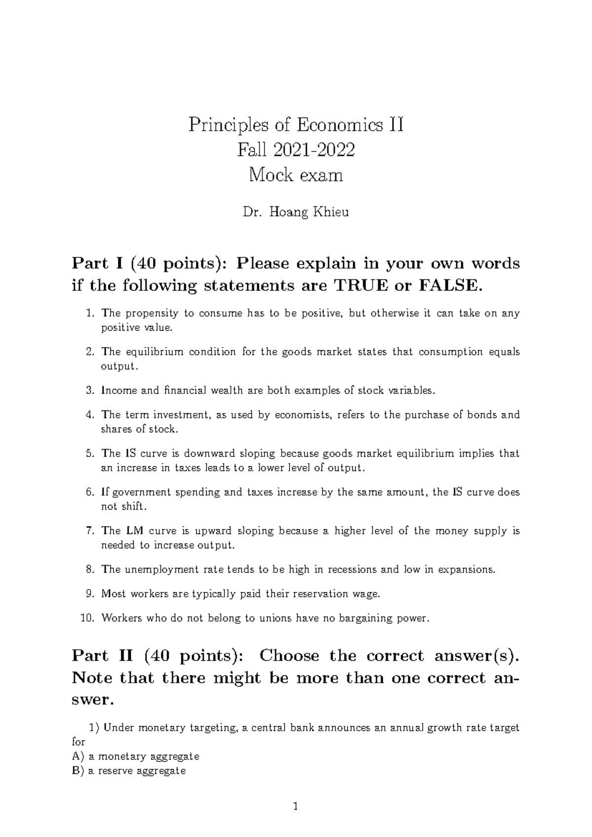 Mock exam - Econ and stats practice - Principles of Economics II Fall ...