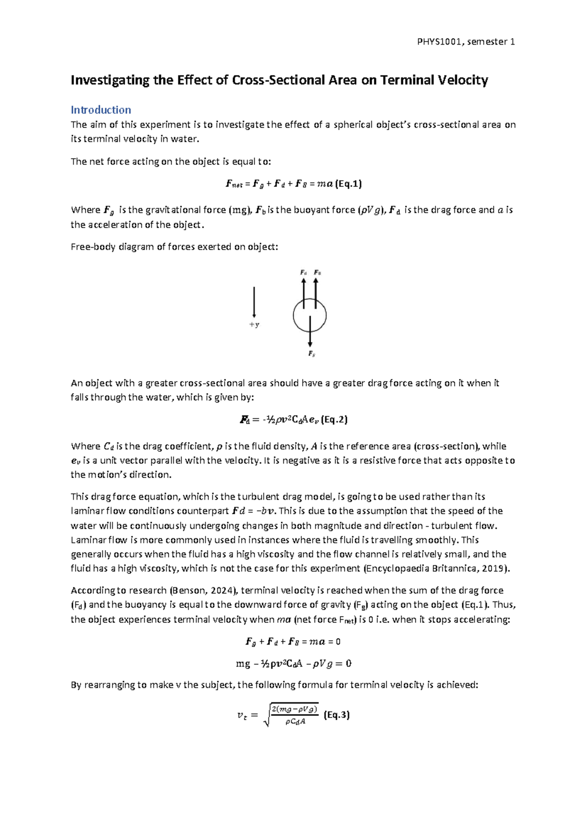 PHYS1001 Semester 1 Lab Report: Effect of Area on Terminal Velocity ...