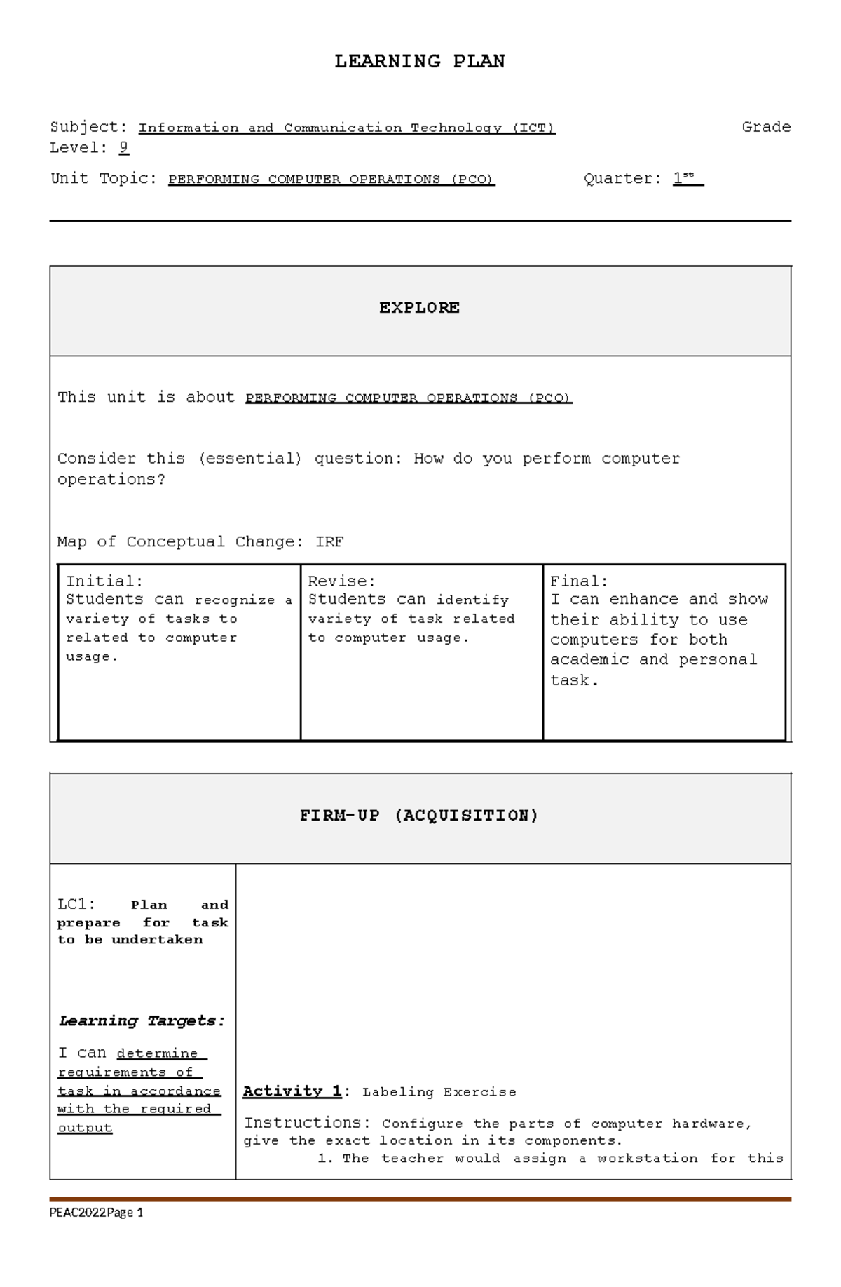 ICT Grade 9 Learning Plan: Performing Computer Operations (PCO) - Studocu