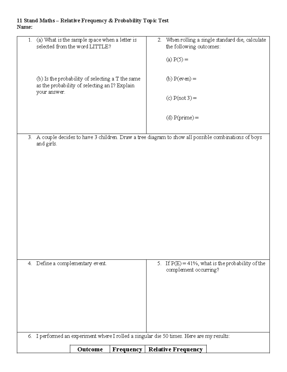 11 Stand Maths Topic Test: Relative Frequency & Probability - Studocu