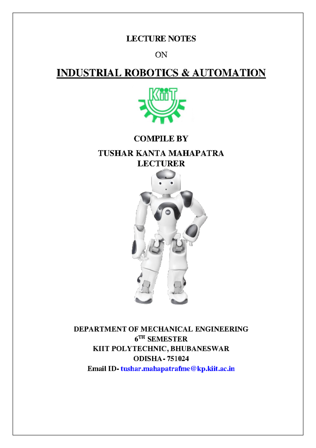 6th Sem Mech: Industrial Robotics & Automation Lecture Notes - Studocu