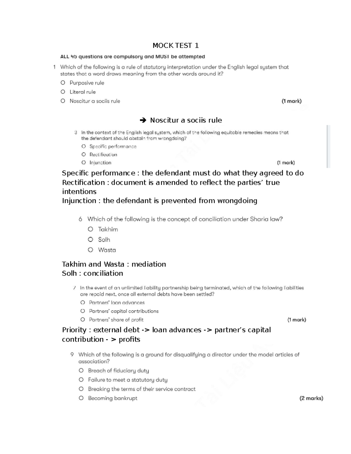 MOCK TEST 1 - Legal Principles and Company Law Concepts - Studocu