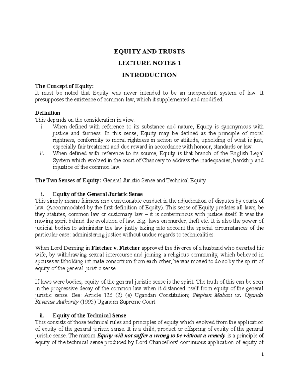 Equity 1, Introduction - EQUITY AND TRUSTS LECTURE NOTES 1 INTRODUCTION ...