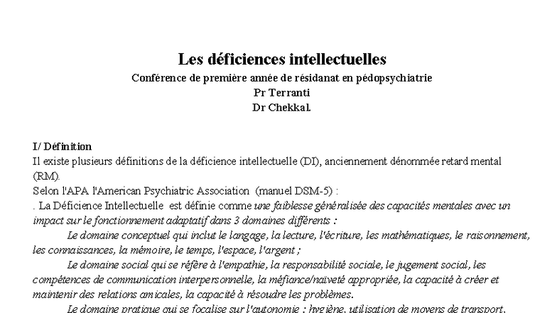 Déficience Intellectuelle - Cours de Pédopsychiatrie 1ère Année - Studocu