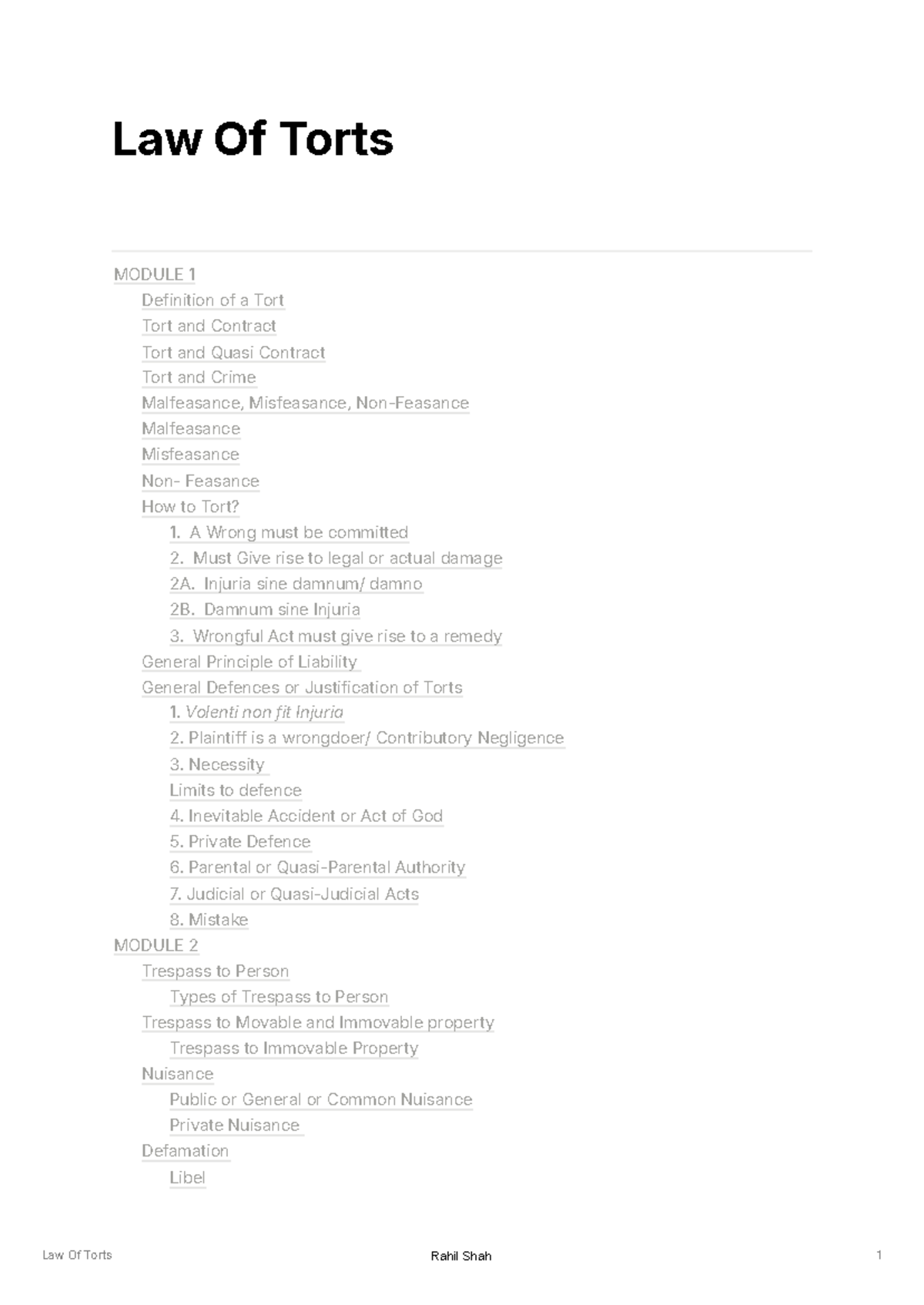 Law of Torts - Sem 1 LLB 3 Years Study Notes - Studocu