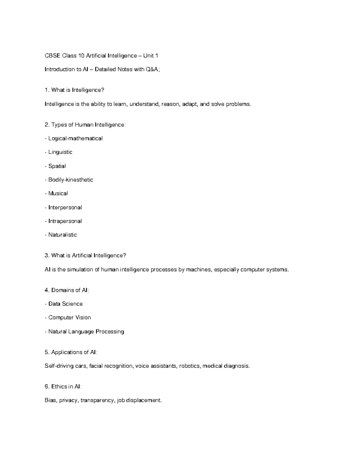 CBSE Class 10 AI Unit 1: Intro to AI & Key Concepts Notes - Studocu