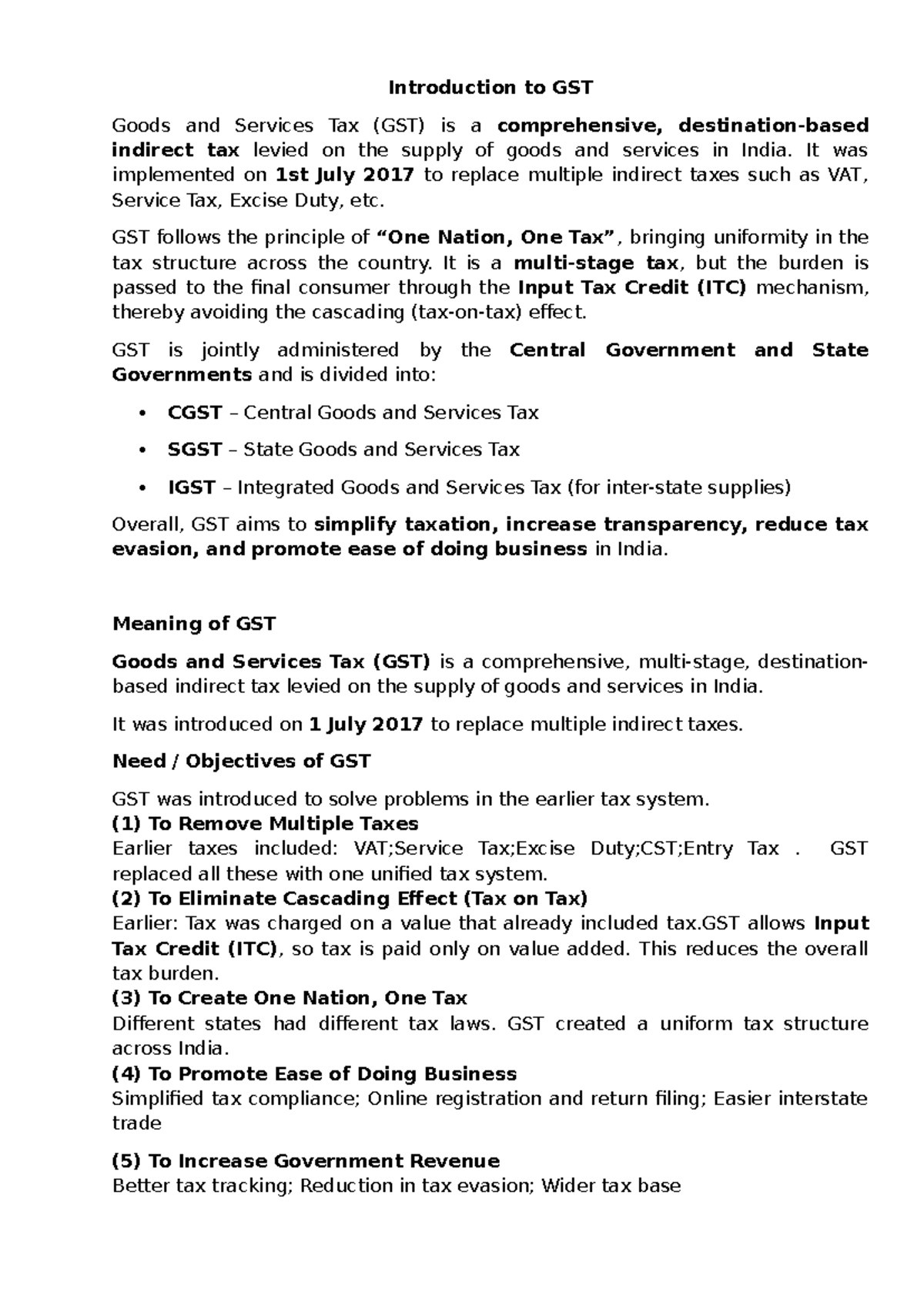 GST - Comprehensive Notes on Goods and Services Tax - Studocu