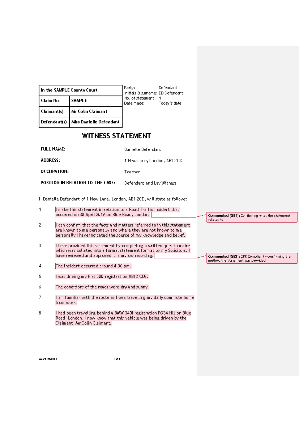 Model Answer - Legal Witness Statement (Legal 51993245) - Studocu