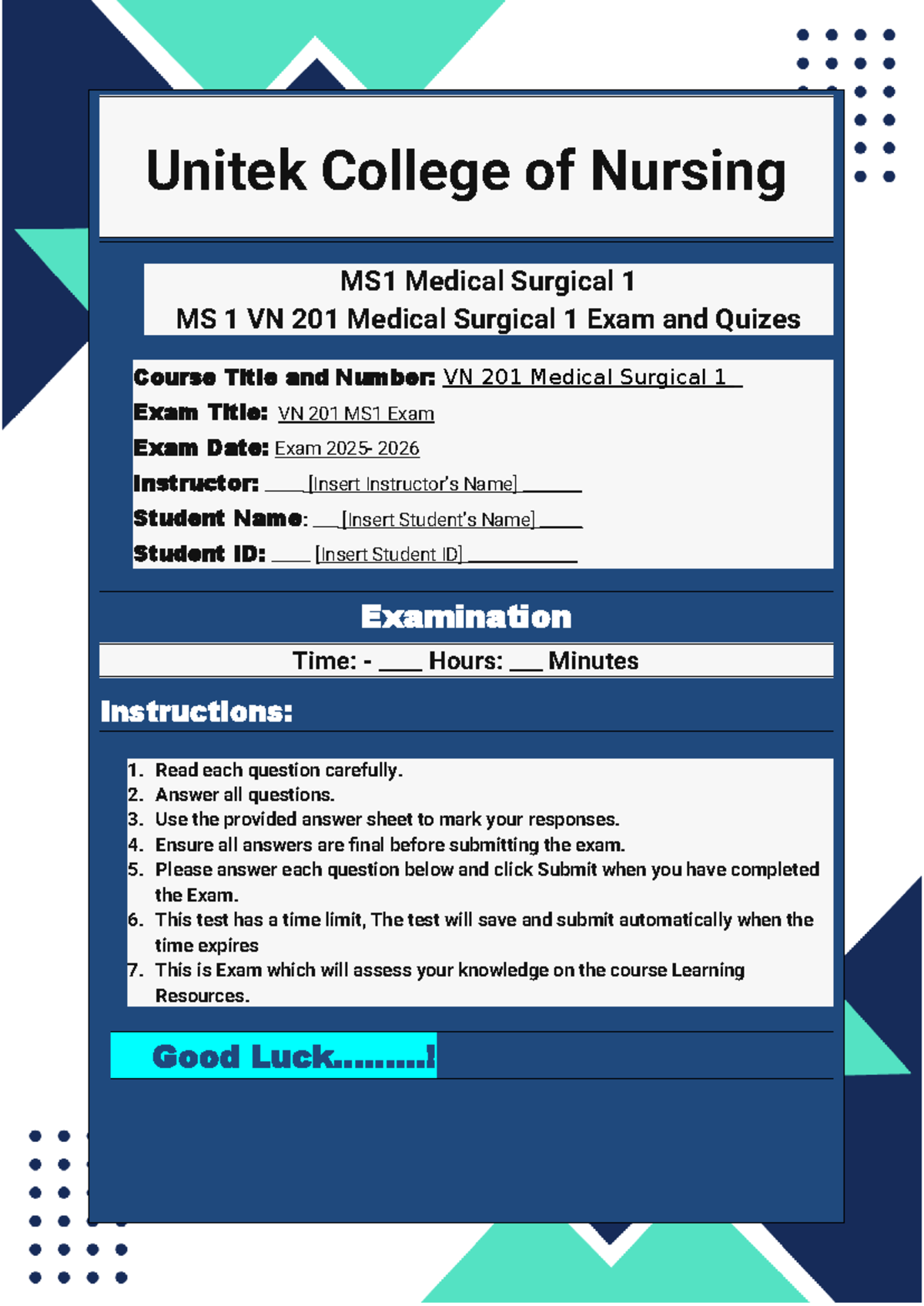 VN201 Medical Surgical 1 MS1 Exam Prep: Quizzes 1-10 Bundle for Top