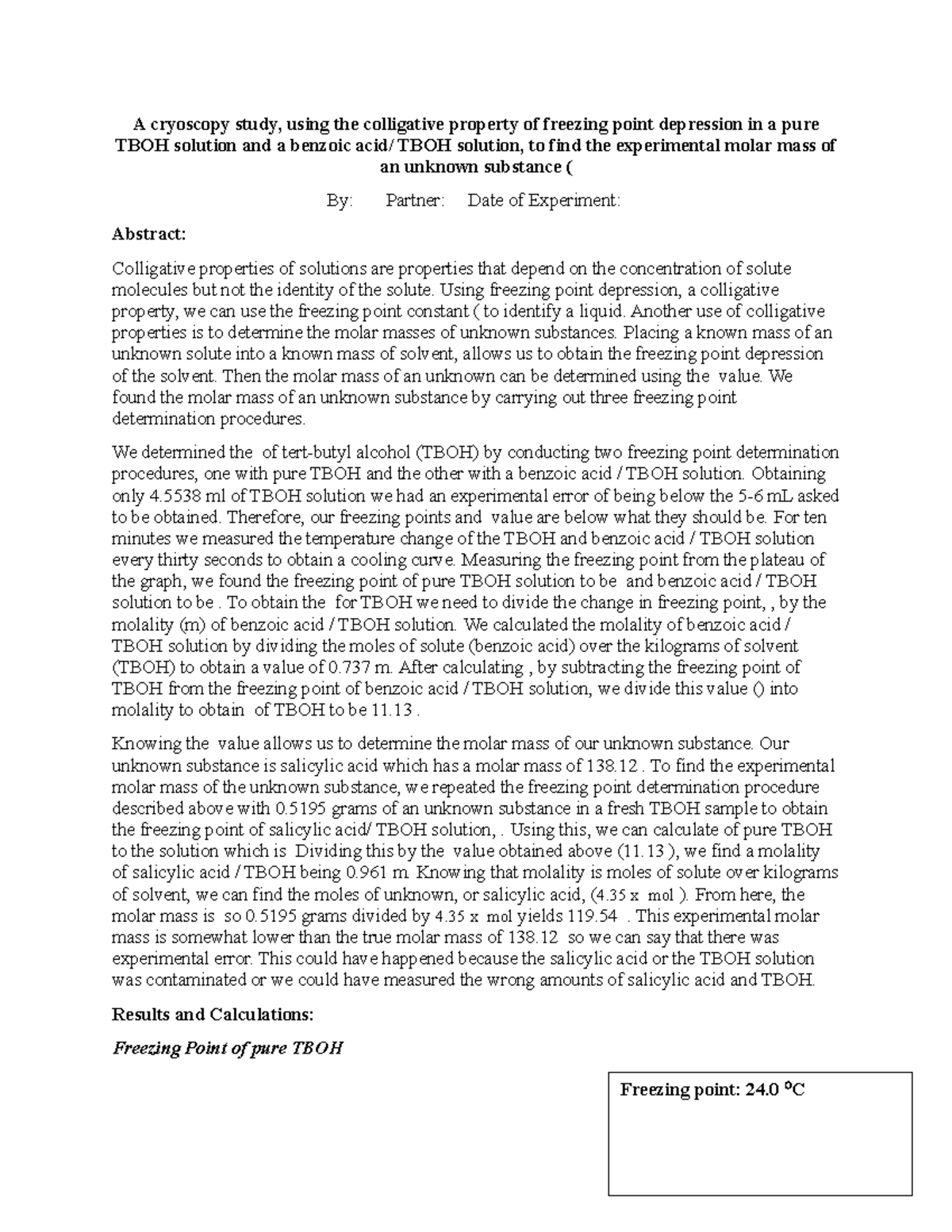 Lab Report: Exp 5 - Cryoscopy Study of TBOH & Unknown Molar Mass in Gen ...