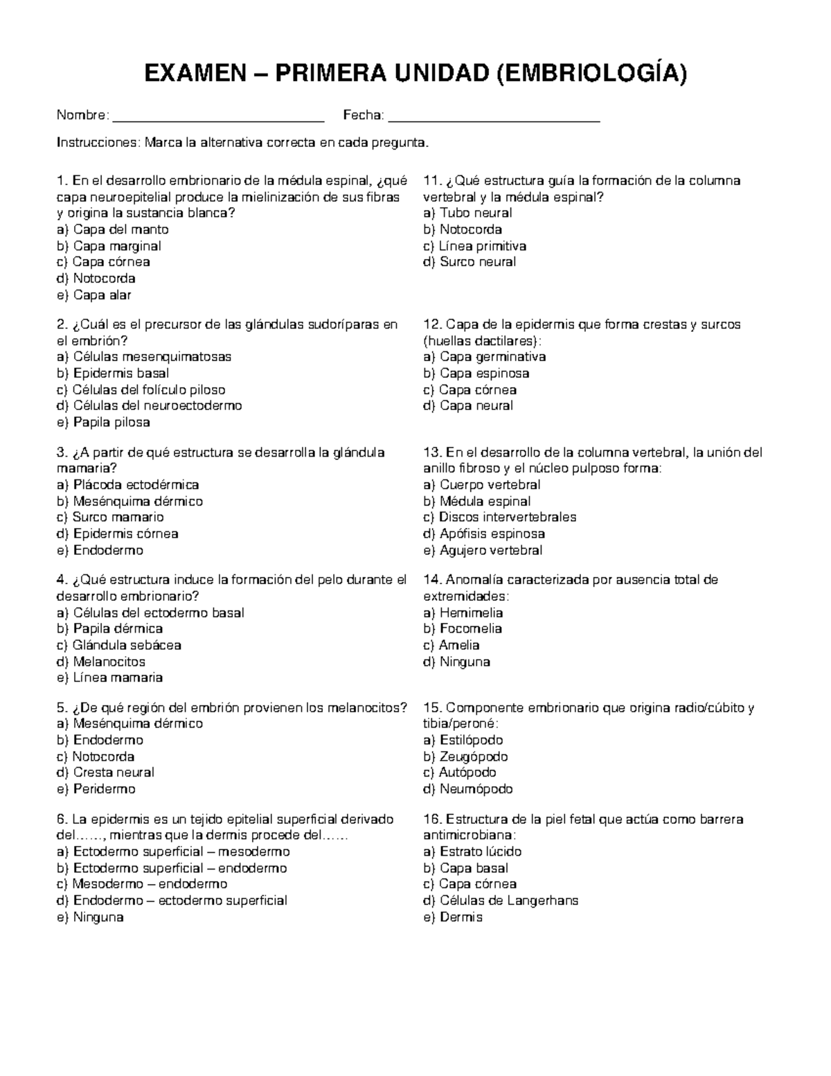 Examen Final Unidad 1 (EMBRIOLOGÍA) - Preguntas y Respuestas - Document Preview