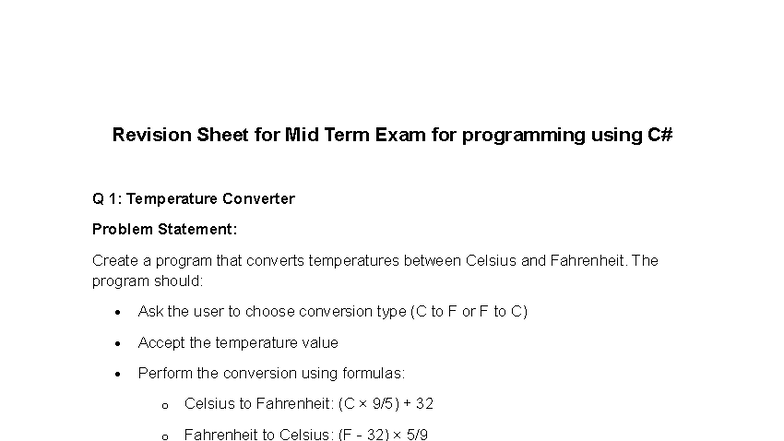 Revision Sheet for Mid Term Exam in Programming (C) - Studocu