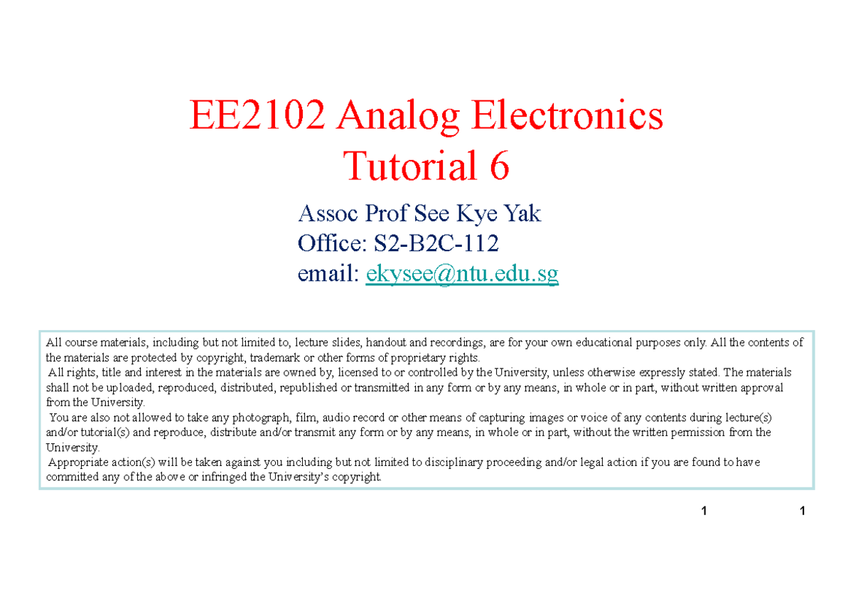 EE2102 Analog Electronics Tutorial 6 - Key Concepts and Solutions - Studocu