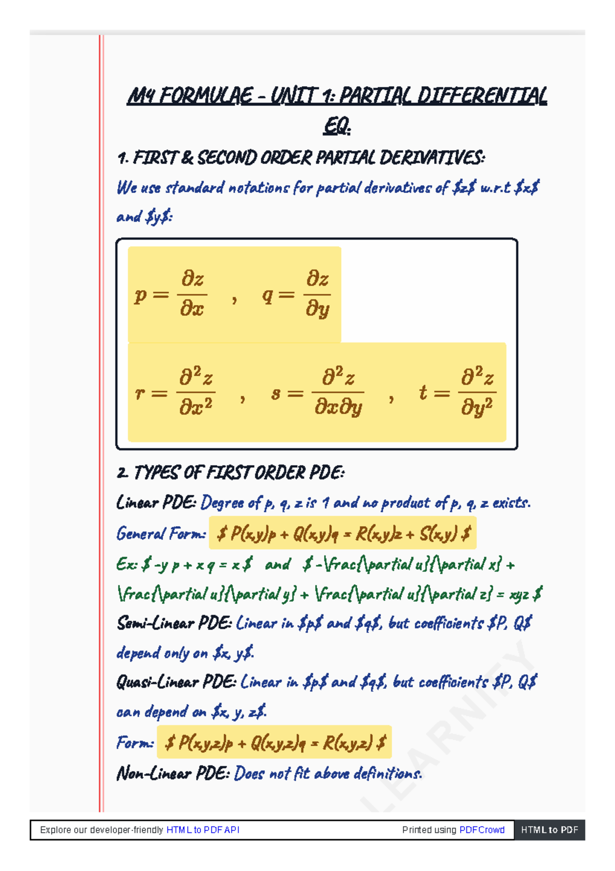 M4 Math IV: Formulae and Notes on Partial Differential Equations - Studocu