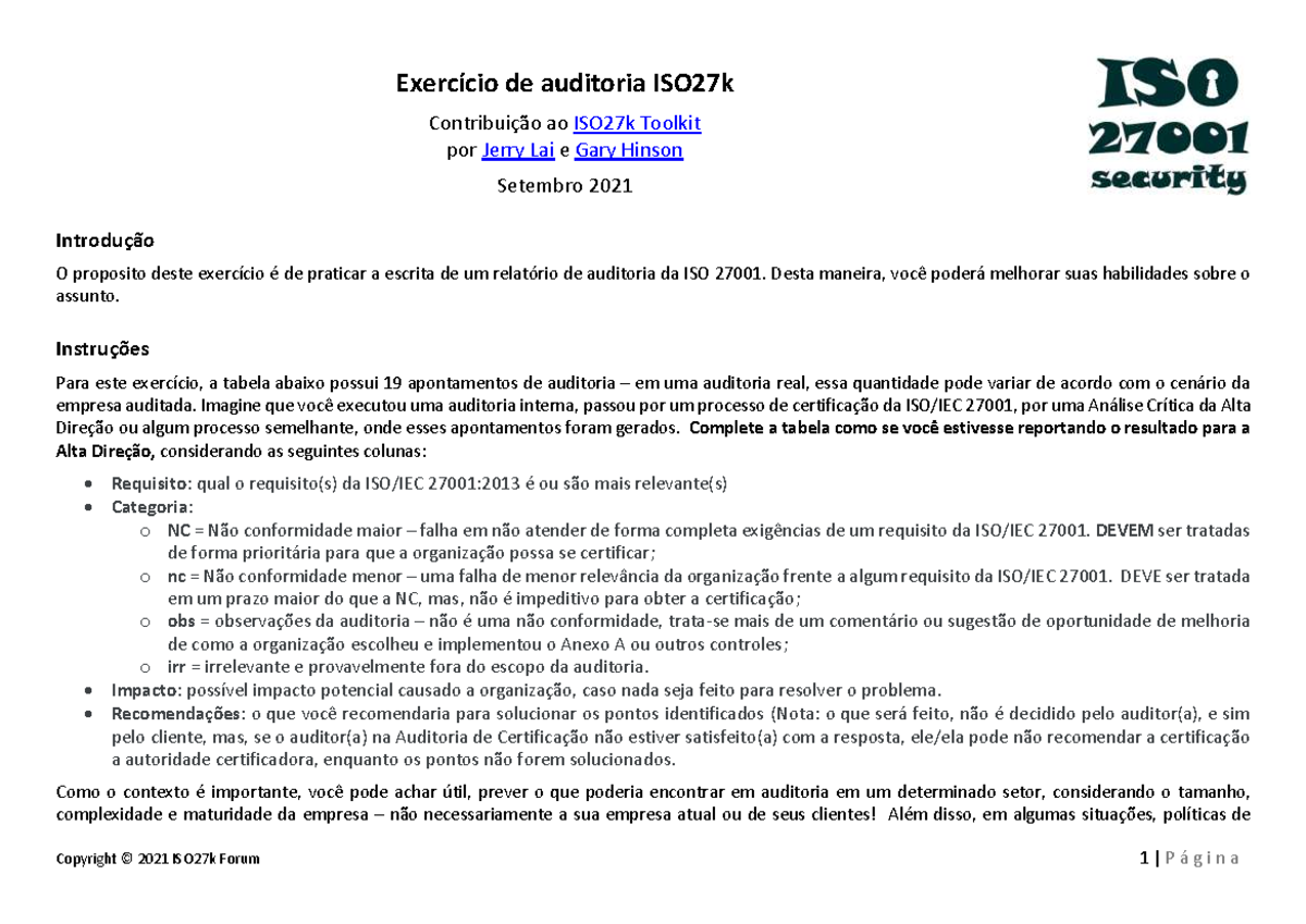 Exercício de Auditoria ISO 27001: Relatório e Análise 2021 - Studocu