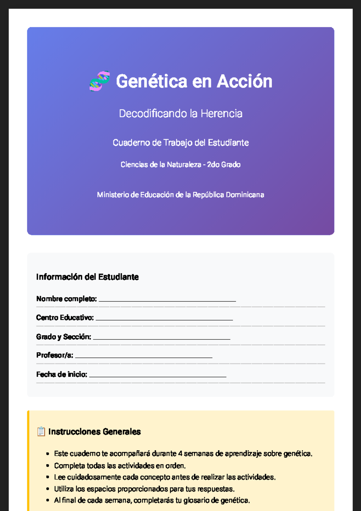 Cuaderno de Trabajo: Genética en Acción - Ciencias de la Naturaleza 2do Grado - Document Preview