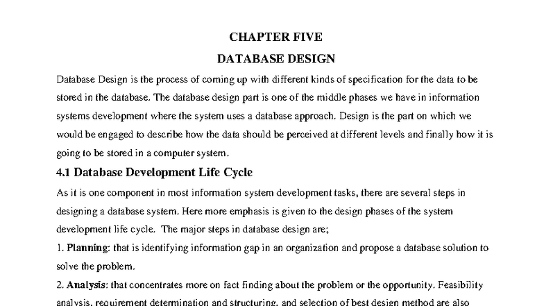 Chapter 5 - CHAPTER FIVE DATABASE DESIGN Database Design is the process ...