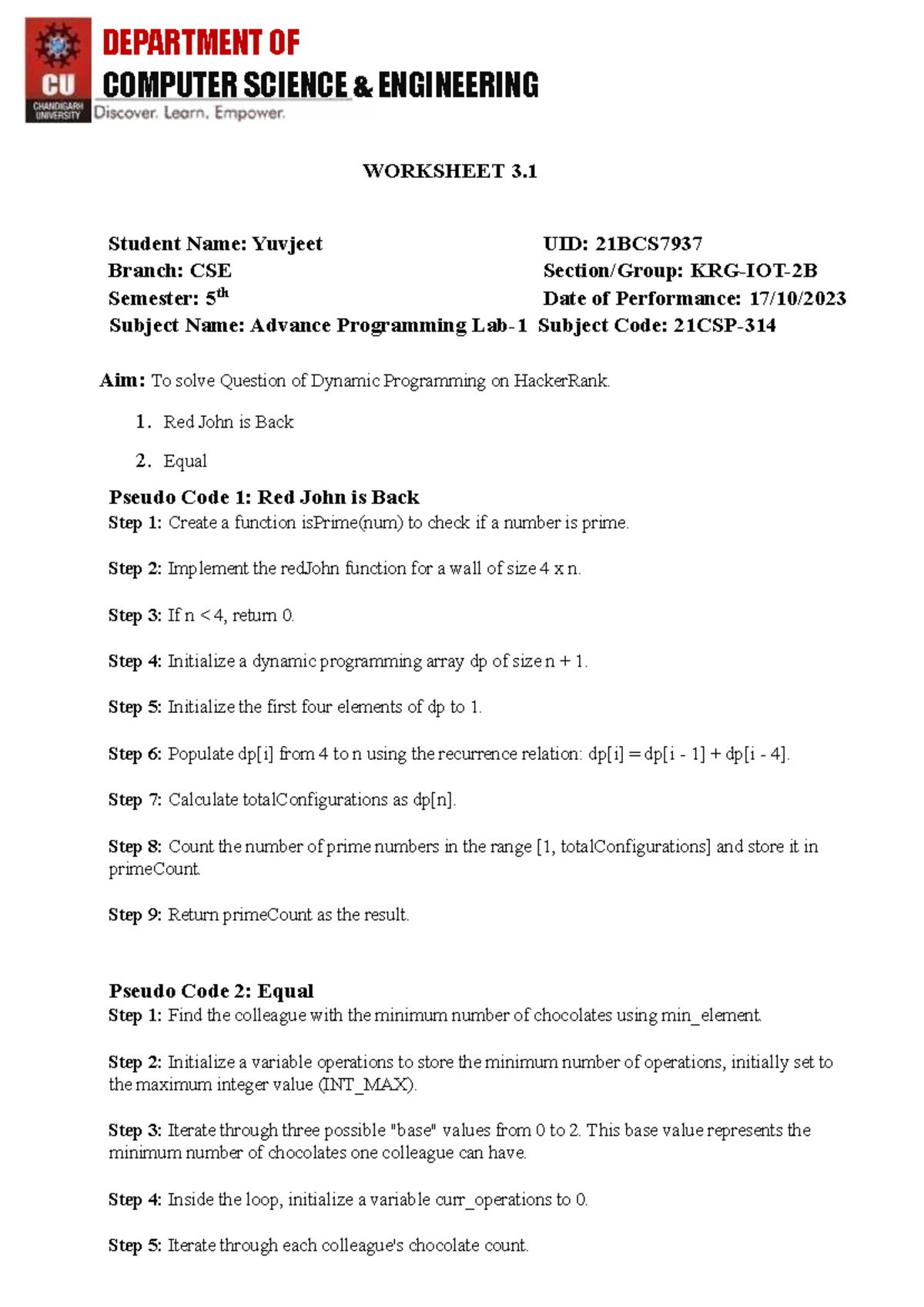 AP 3 - Dynamic Programming Worksheet and Pseudo Code Notes - Studocu