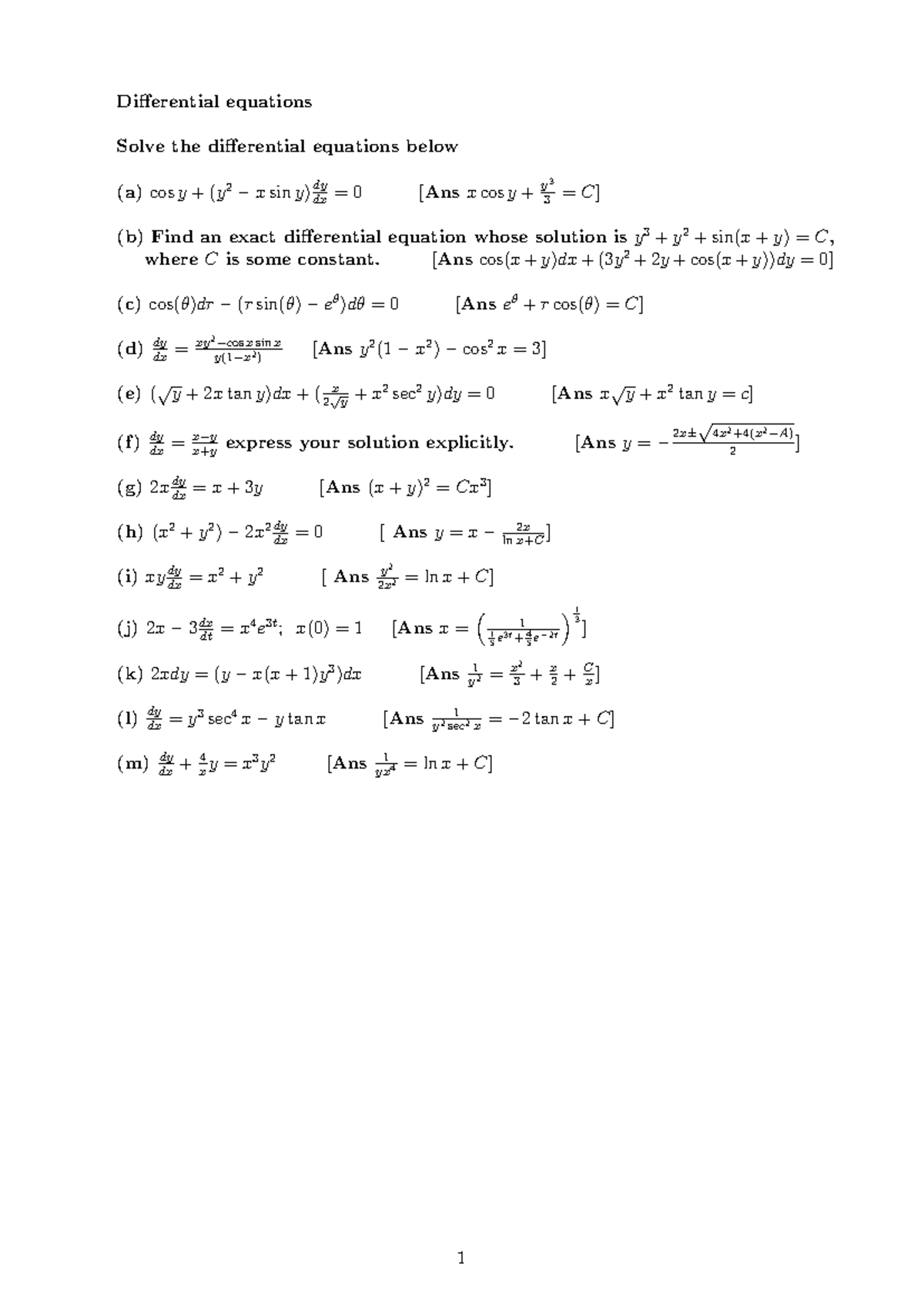 Practice exercises 4 (Differential equations) - Differential equations ...