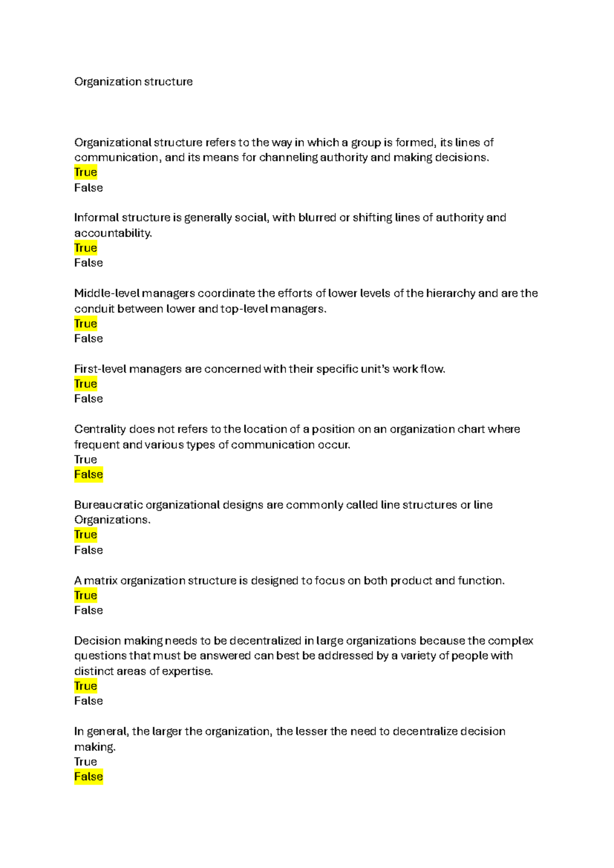 ORG 101: Organizational Structure Practice Quiz - Studocu
