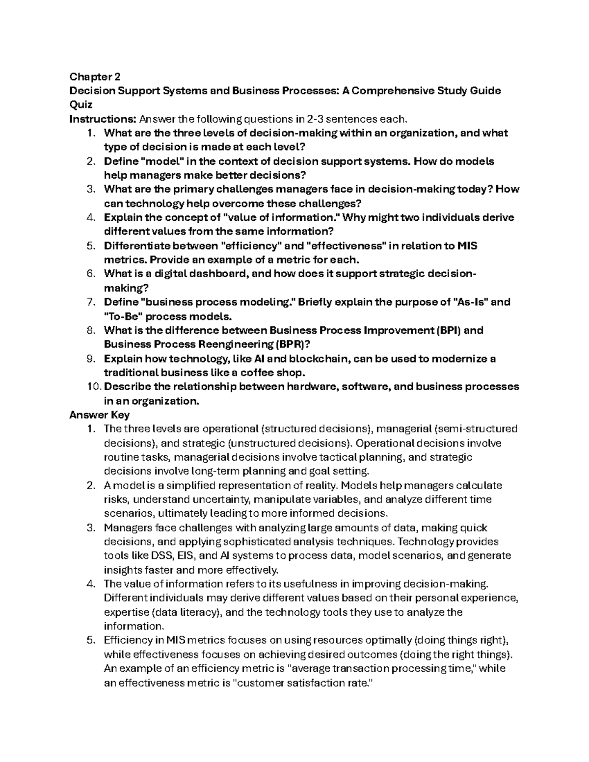 Chapter 2 Review Guide - MIS 2023 Quiz on Decision Support Systems ...