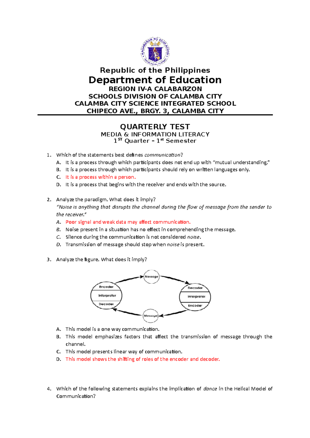 MIL Diagnostic Test: Quarter 1 Assessment Overview - Studocu
