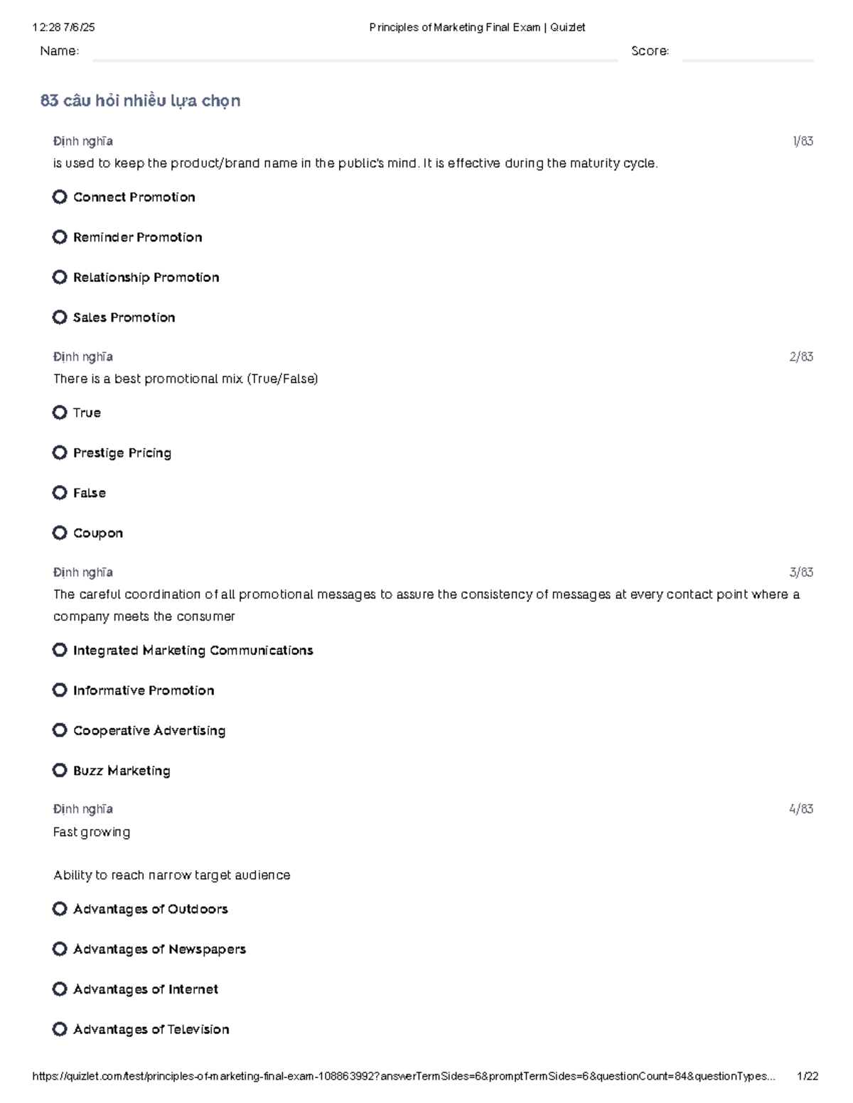 Principles of Marketing (MKT 101) Final Exam Quizlet Review - Studocu