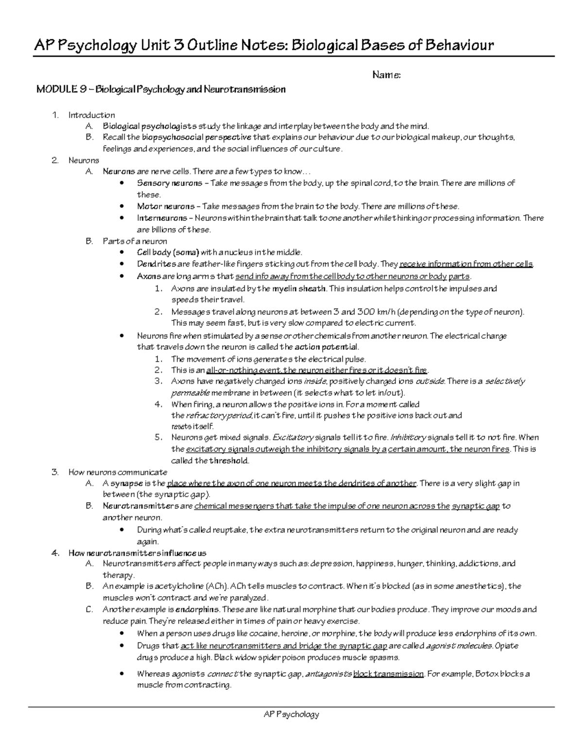 AP Psychology Unit 3 Study Notes - Biological Bases of Behavior ...