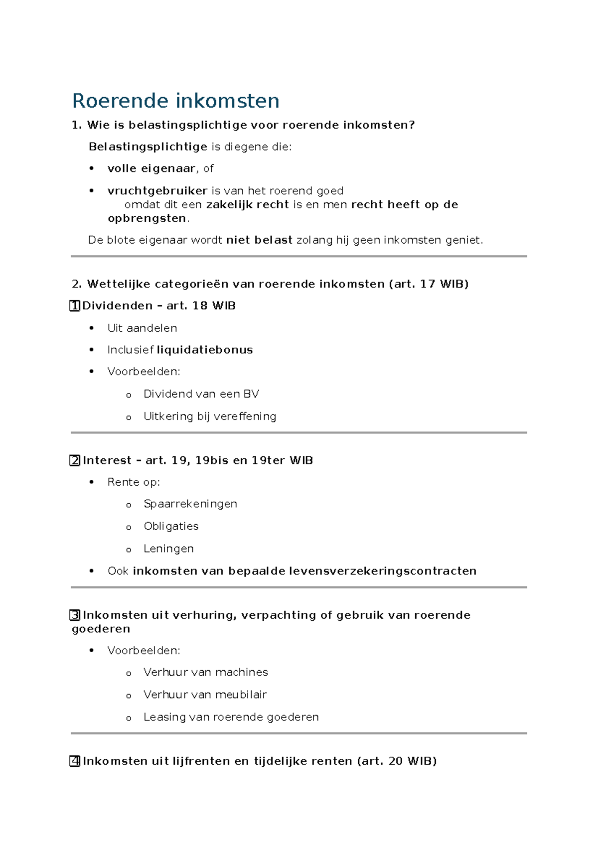 Samenvatting Roerende Inkomsten en Belastingsplichtigen (WIB) - Studocu
