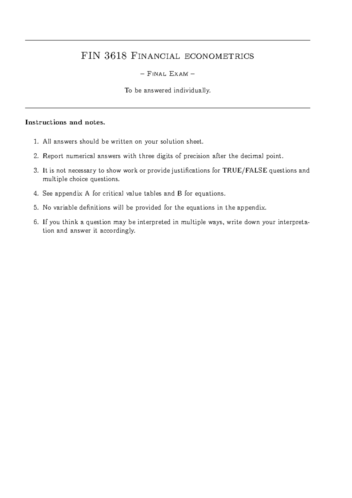 FIN 3618 Financial Econometrics Final Exam Solutions - Studocu