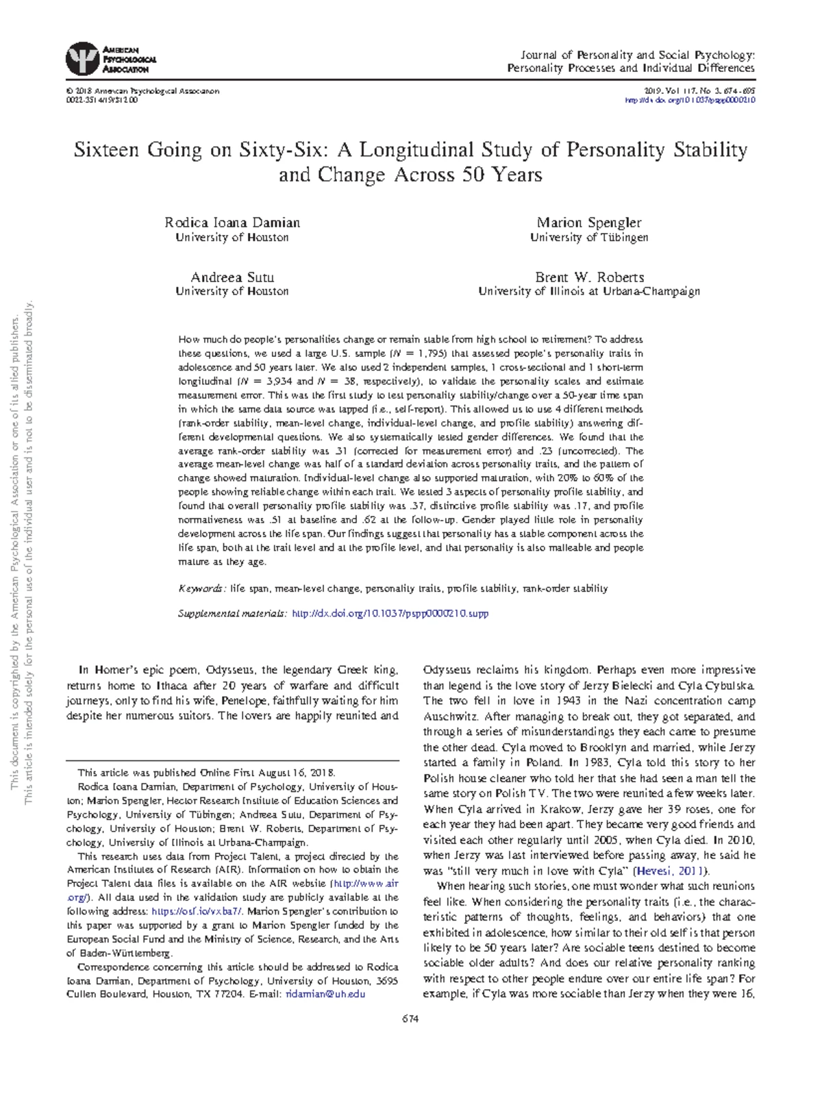 Longitudinal Study of Personality Stability and Change (PSY 401 ...