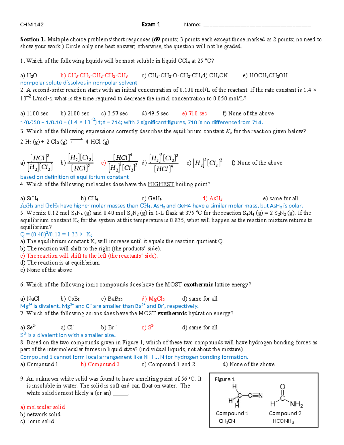 CHM 142 Exam 1 Answers - Multiple Choice & Open-Ended Questions - Studocu