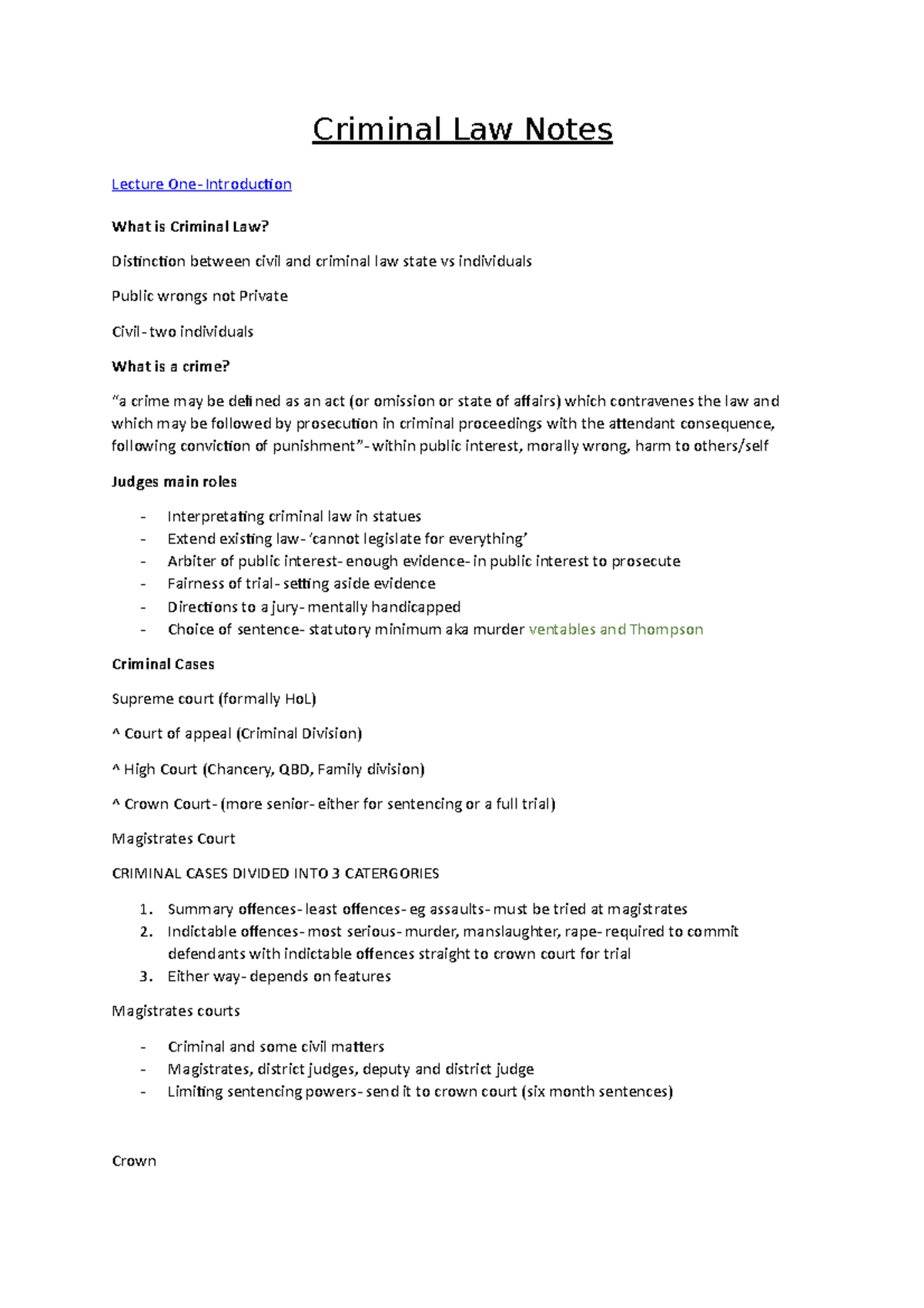 Criminal Law Notes - Criminal Law Notes Lecture One- Introduction What ...