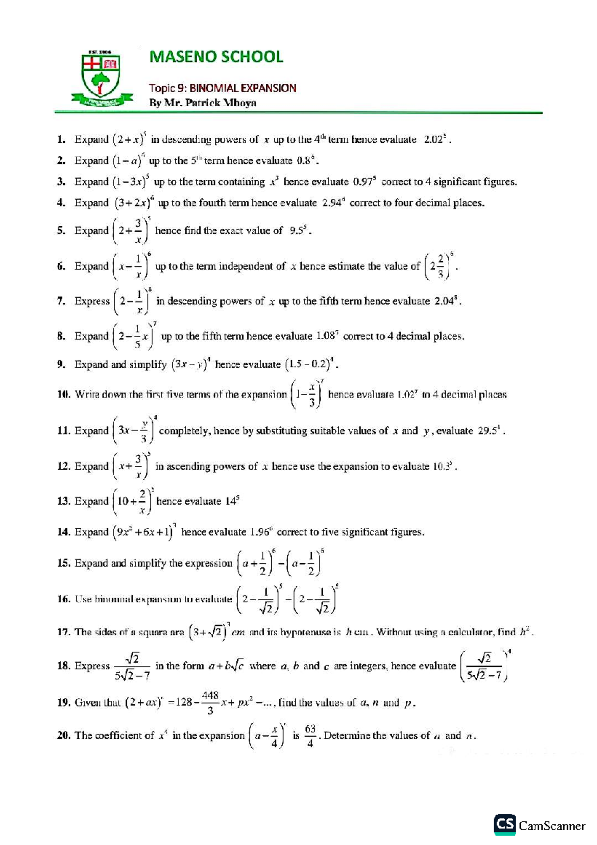 MASENO SCHOOL MAS 101: Binomial Expansion Notes and Evaluations - Studocu