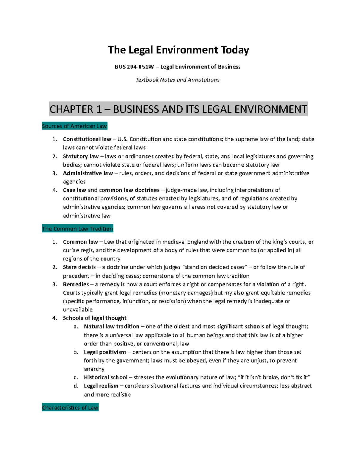 Docx - Notes of B-law - The Legal Environment Today BUS 204-051W ...