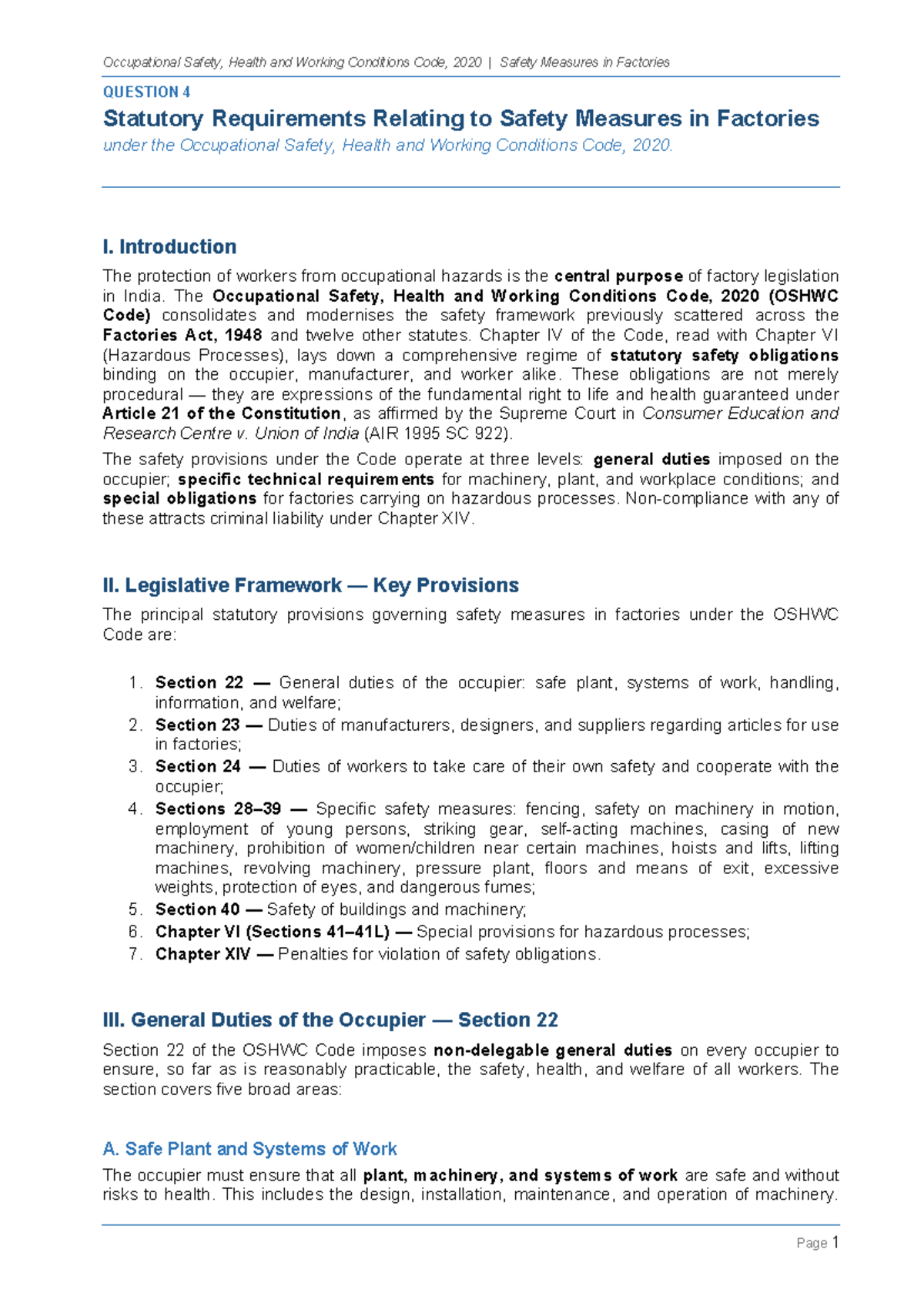Safety Measures in Factories under OSHWC Code, 2020 - LABOUR LAW - Studocu