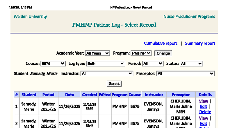 NP Patient Log - PMHNP 6675 Cumulative Report for Winter 2025 - Studocu