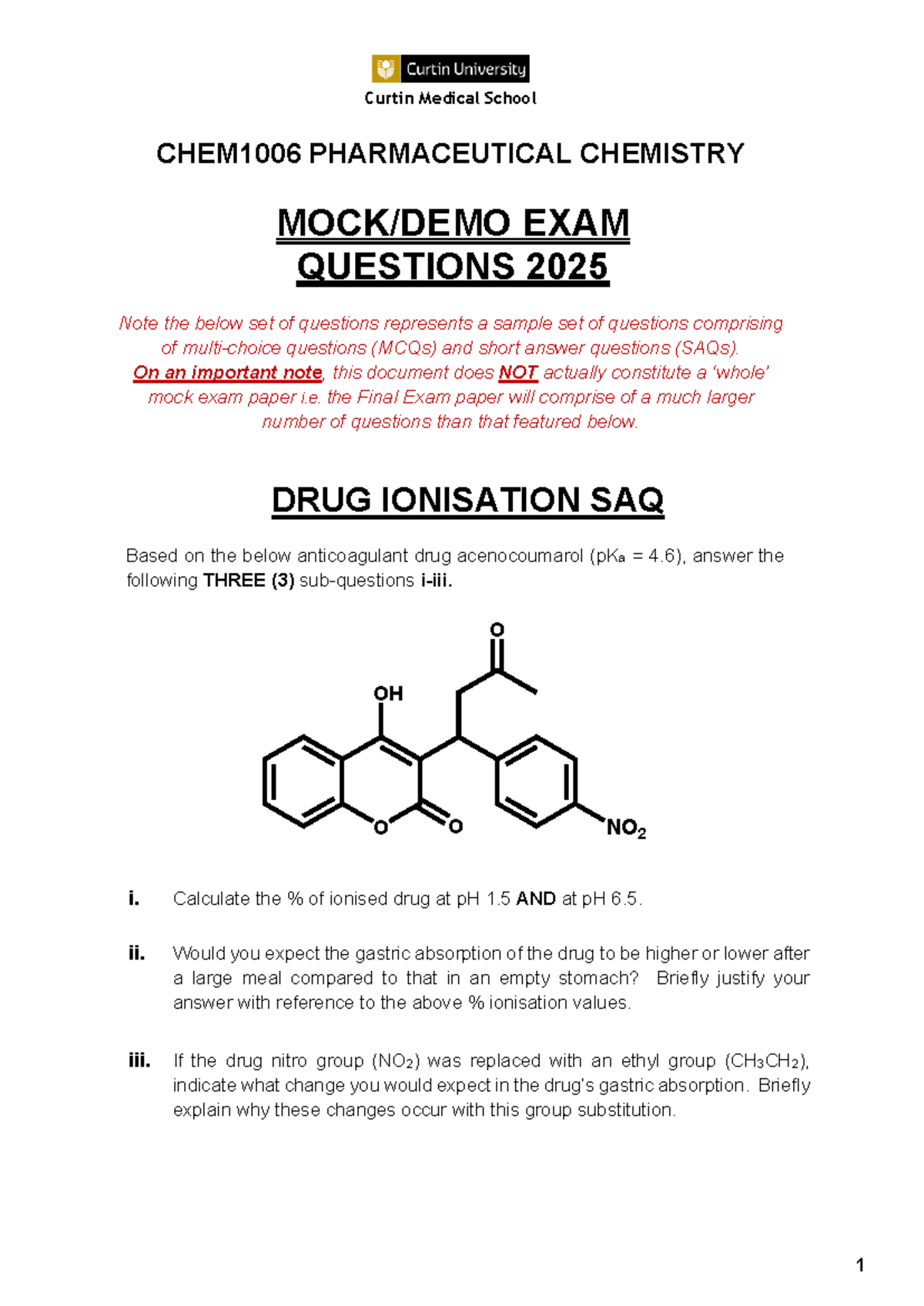 CHEM1006 PHARMACEUTICAL CHEMISTRY MOCK EXAM QUESTIONS 2025 - Studocu